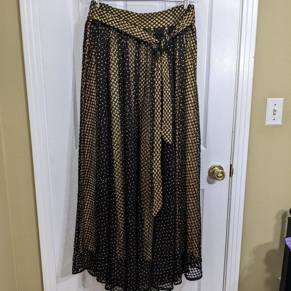 Raquel Black Net Overlay Gold Liner Crystals Tie Belt Maxi Skirt- size 1XL NWT